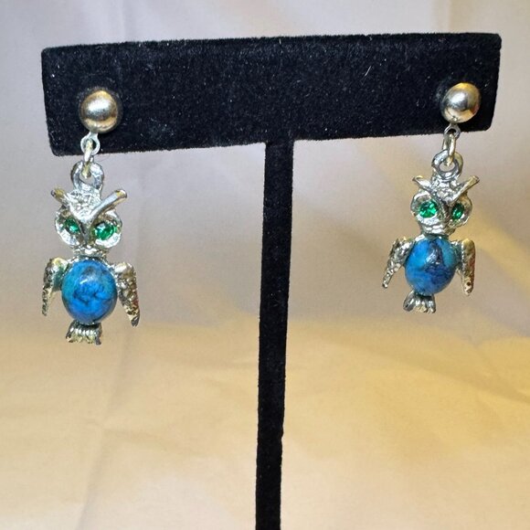 Silver Tone OWL Pierced Earrings Studs Faux Turquoise Belly Green Stones Eyes - Picture 4 of 4